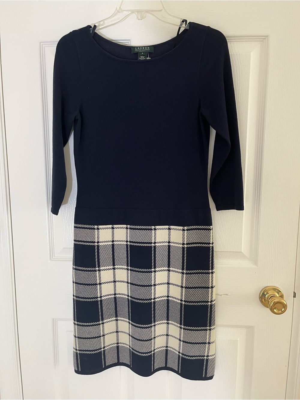 Ralph Lauren Navy and Ivory Plaid Long Sleeve Dress